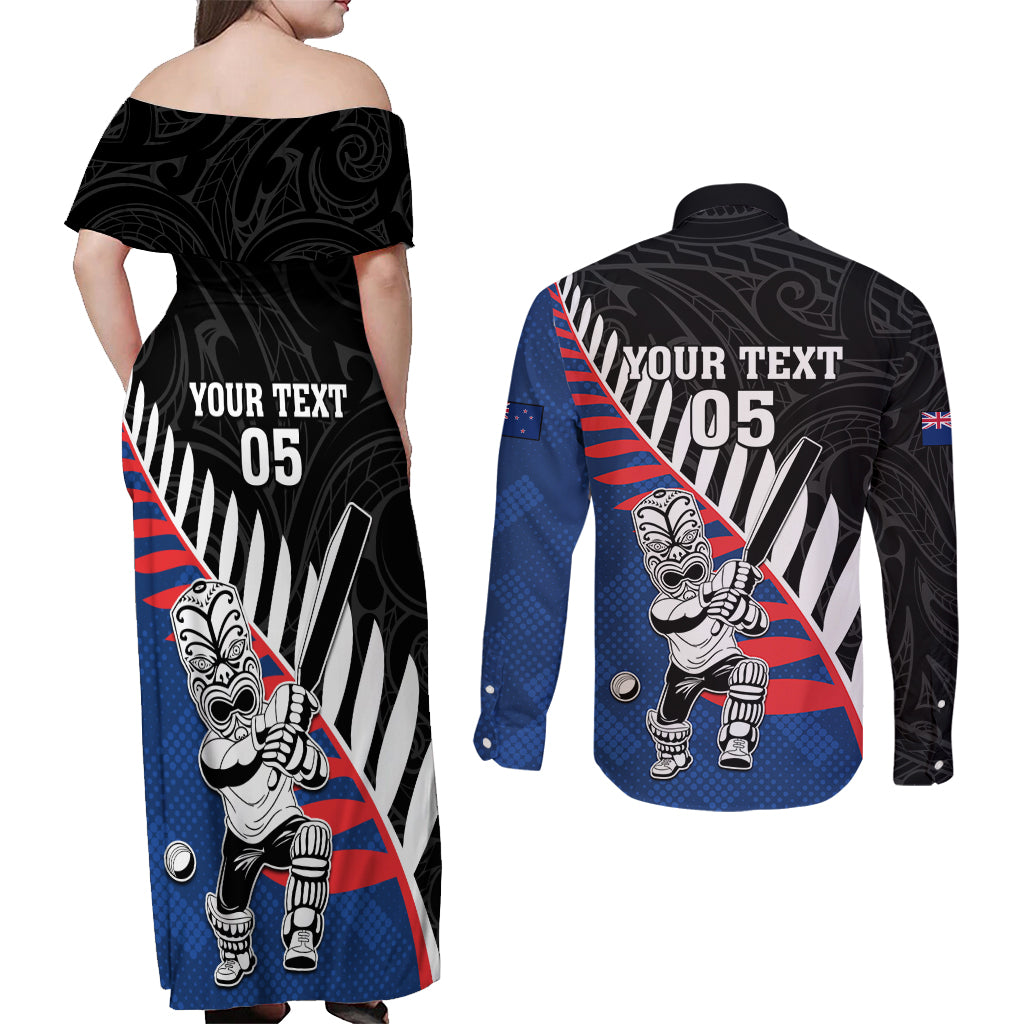 Custom New Zealand Auckland Cricket Couples Matching Off Shoulder Maxi Dress and Long Sleeve Button Shirt With Maori Pattern LT05 - Polynesian Pride