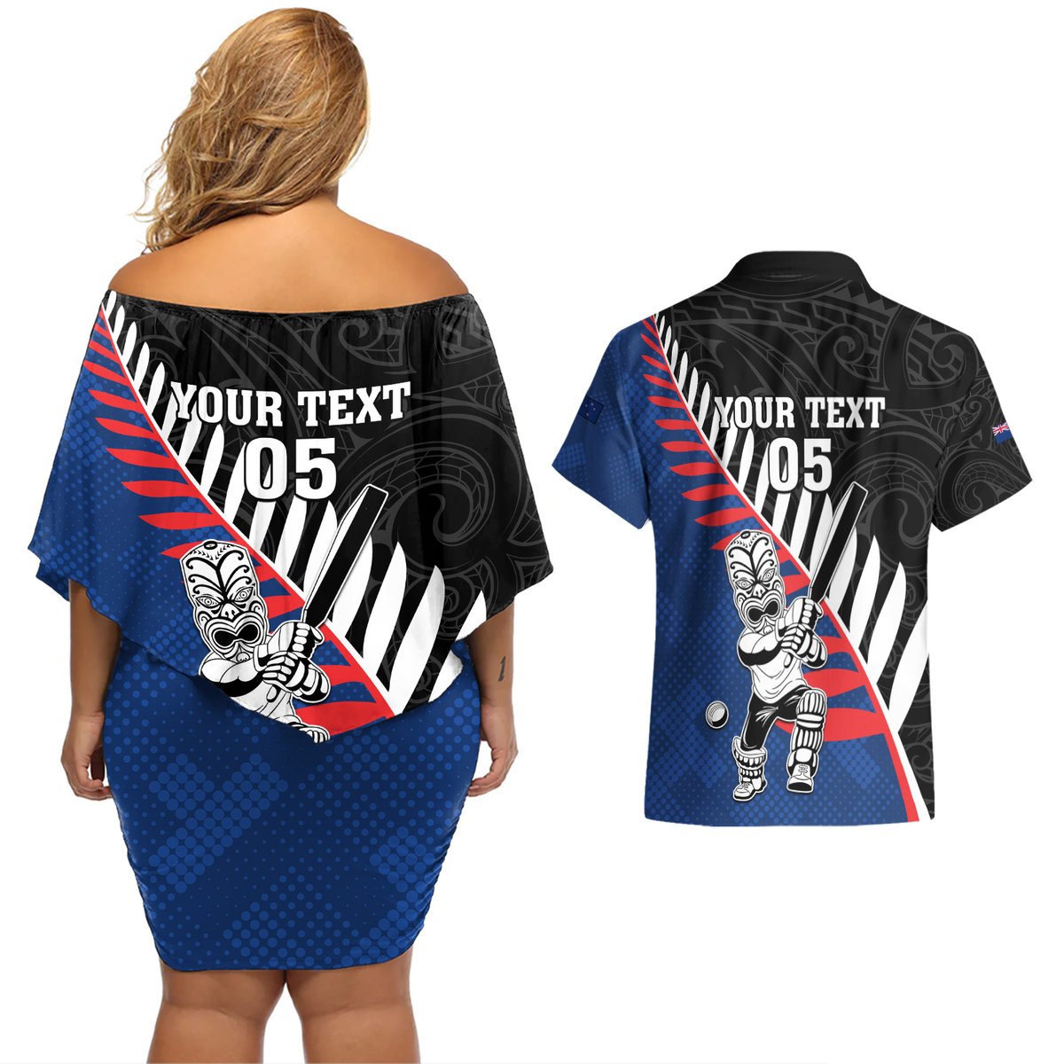 Custom New Zealand Auckland Cricket Couples Matching Off Shoulder Short Dress and Hawaiian Shirt With Maori Pattern LT05 - Polynesian Pride
