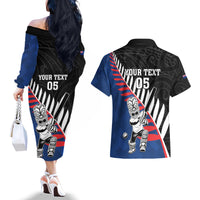 Custom New Zealand Auckland Cricket Couples Matching Off The Shoulder Long Sleeve Dress and Hawaiian Shirt With Maori Pattern LT05 - Polynesian Pride