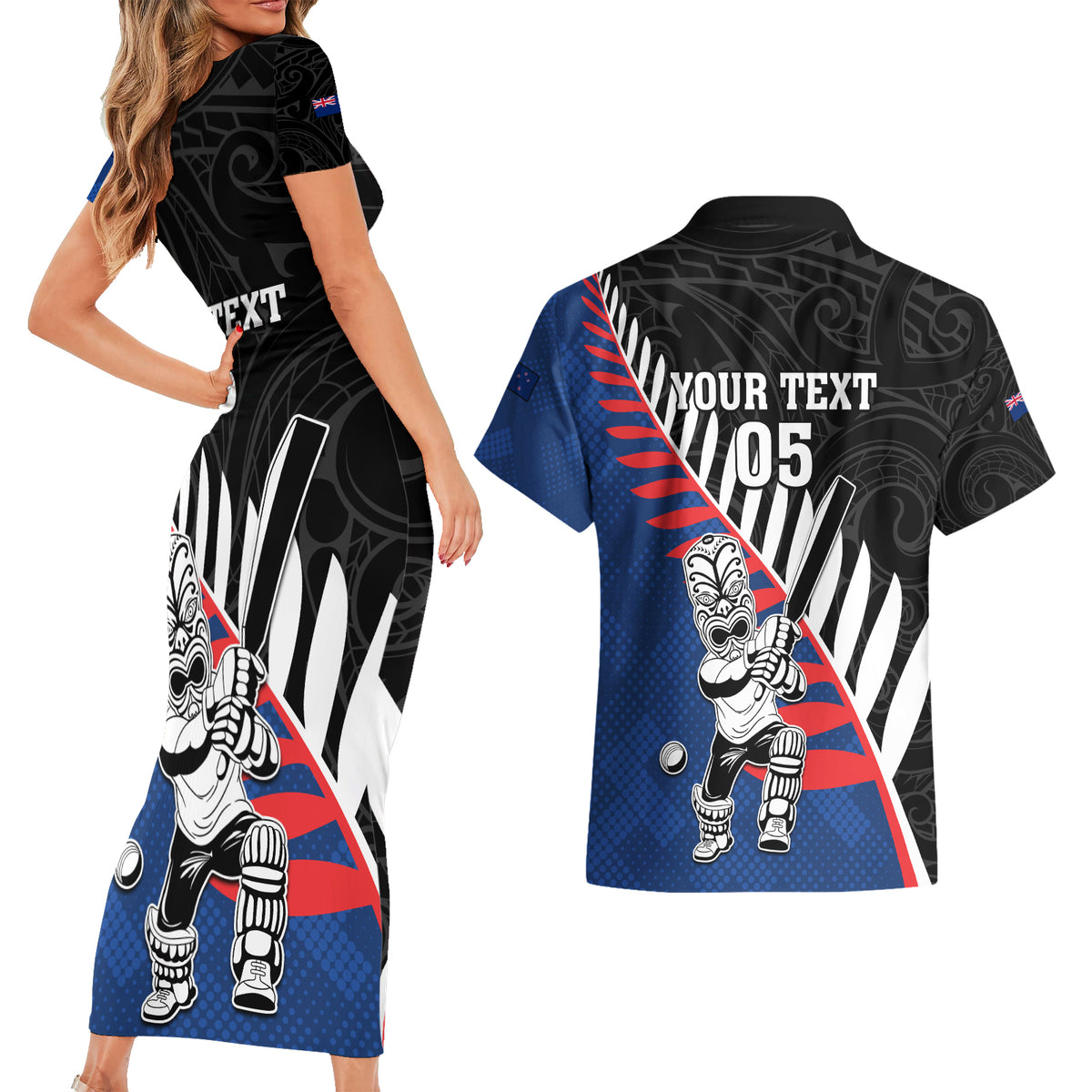 Custom New Zealand Auckland Cricket Couples Matching Short Sleeve Bodycon Dress and Hawaiian Shirt With Maori Pattern LT05 - Polynesian Pride