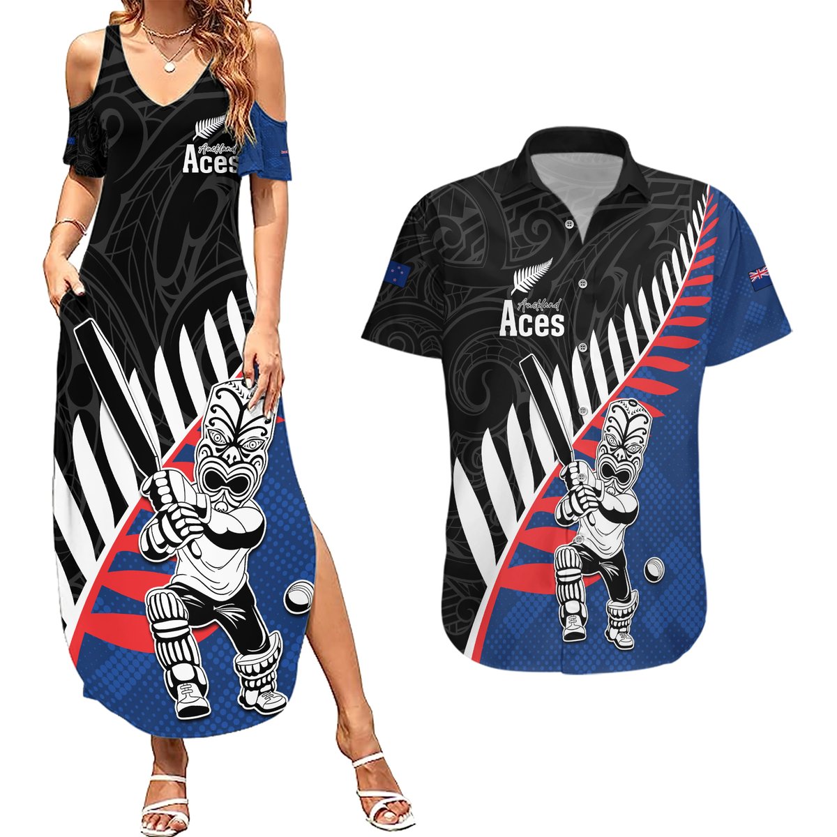 Custom New Zealand Auckland Cricket Couples Matching Summer Maxi Dress and Hawaiian Shirt With Maori Pattern LT05 Blue - Polynesian Pride