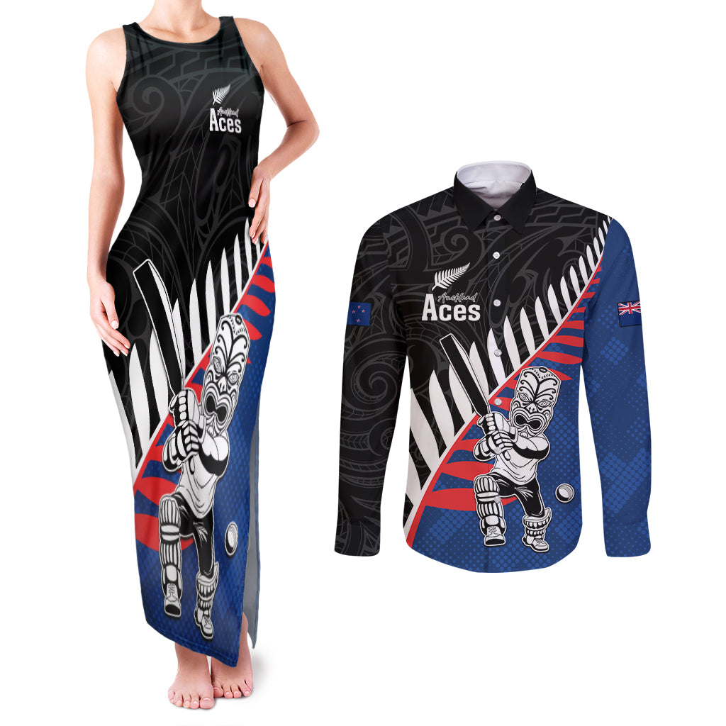 Custom New Zealand Auckland Cricket Couples Matching Tank Maxi Dress and Long Sleeve Button Shirt With Maori Pattern LT05 Blue - Polynesian Pride