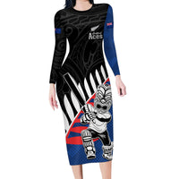 Custom New Zealand Auckland Cricket Family Matching Long Sleeve Bodycon Dress and Hawaiian Shirt With Maori Pattern LT05 Mom's Dress Blue - Polynesian Pride