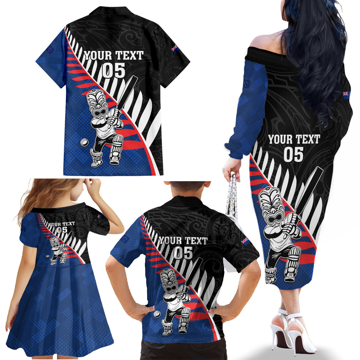 Custom New Zealand Auckland Cricket Family Matching Off The Shoulder Long Sleeve Dress and Hawaiian Shirt With Maori Pattern LT05 - Polynesian Pride