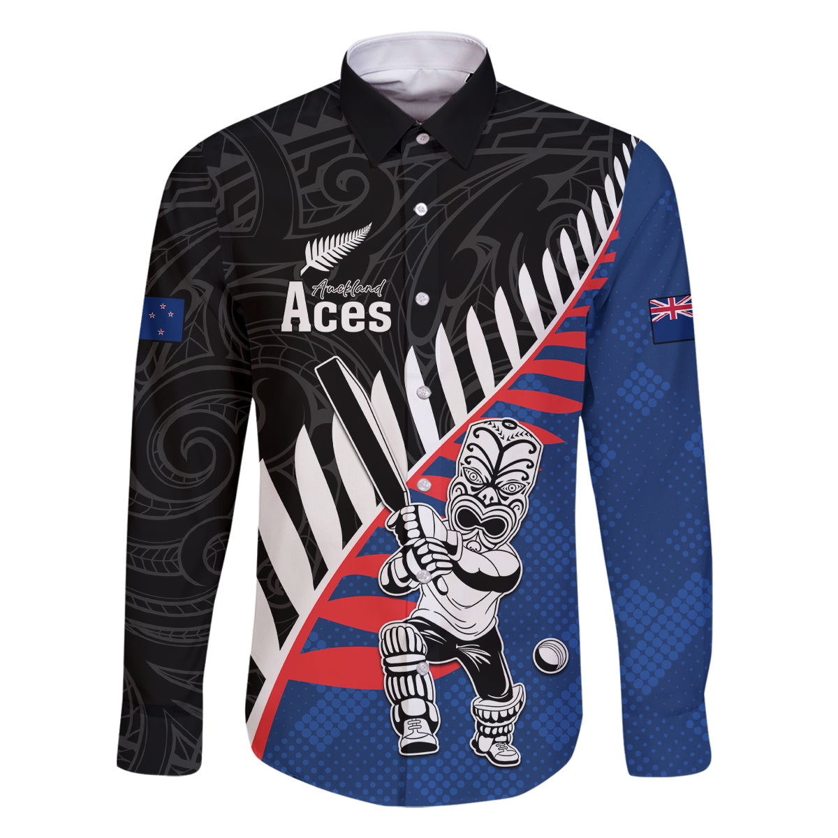 Custom New Zealand Auckland Cricket Family Matching Off The Shoulder Long Sleeve Dress and Hawaiian Shirt With Maori Pattern LT05 Dad's Shirt - Long Sleeve Blue - Polynesian Pride