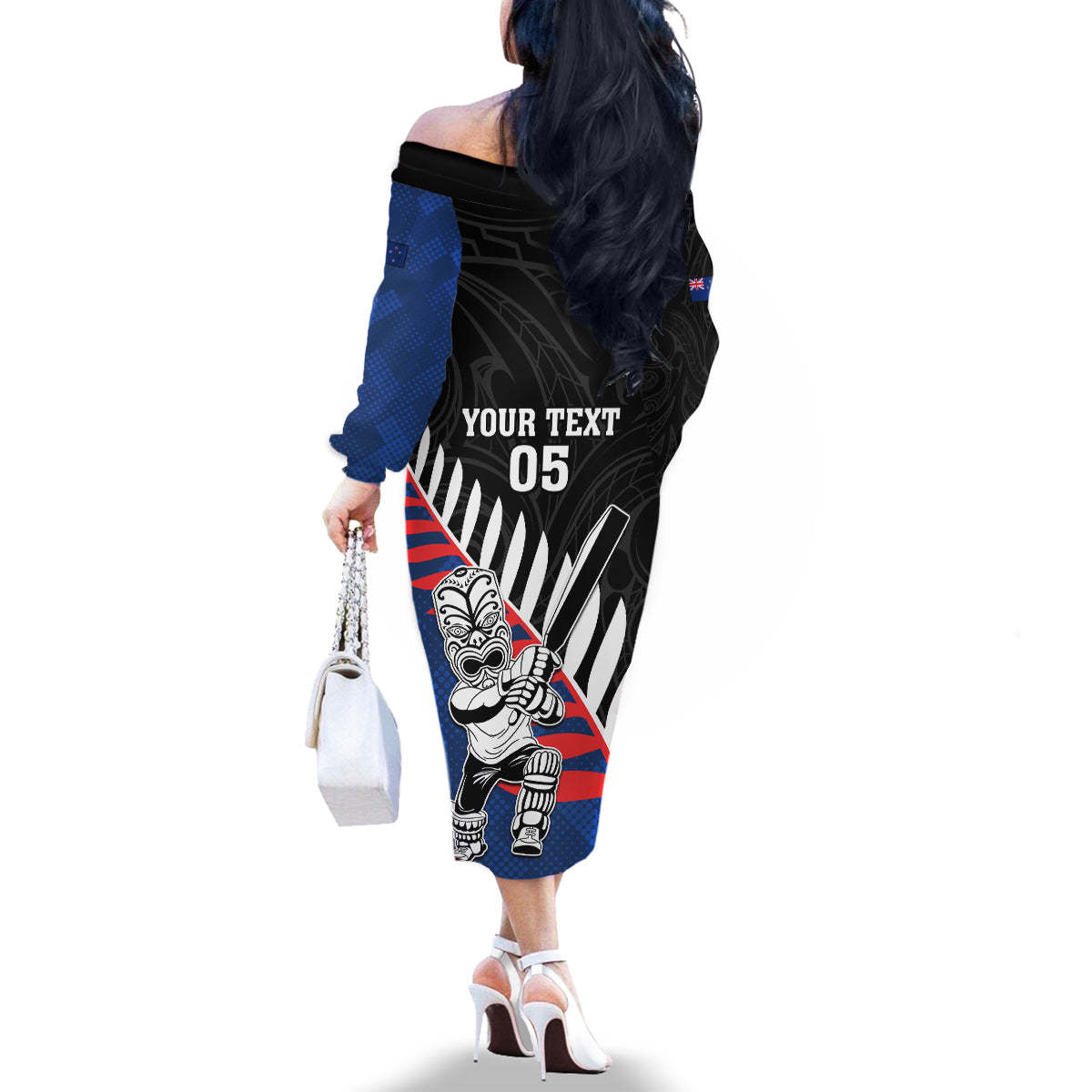 Custom New Zealand Auckland Cricket Family Matching Off The Shoulder Long Sleeve Dress and Hawaiian Shirt With Maori Pattern LT05 - Polynesian Pride