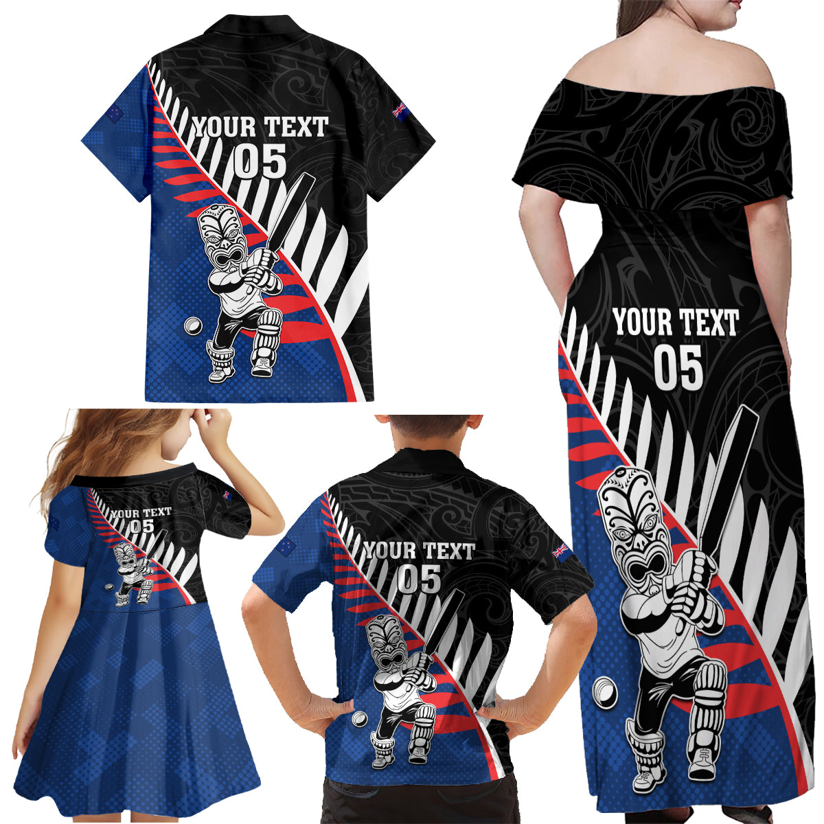 Custom New Zealand Auckland Cricket Family Matching Off Shoulder Maxi Dress and Hawaiian Shirt With Maori Pattern LT05 - Polynesian Pride