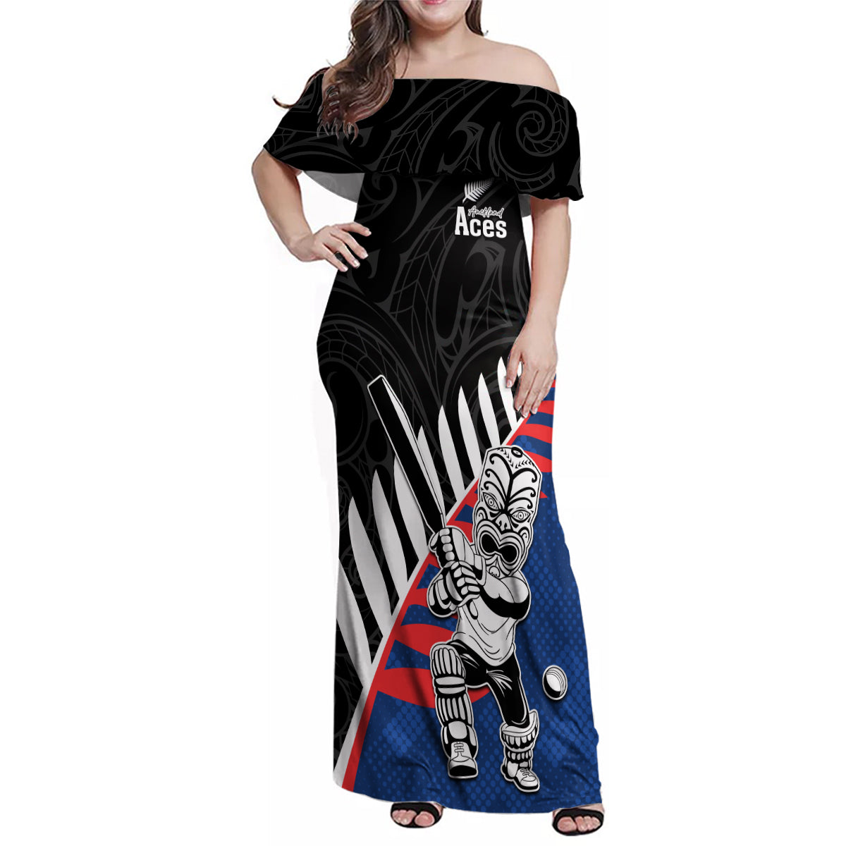 Custom New Zealand Auckland Cricket Family Matching Off Shoulder Maxi Dress and Hawaiian Shirt With Maori Pattern LT05 Mom's Dress Blue - Polynesian Pride