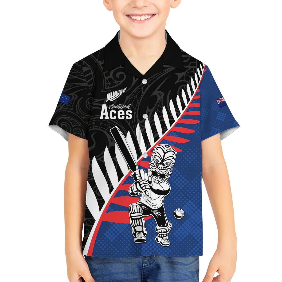 Custom New Zealand Auckland Cricket Family Matching Off Shoulder Maxi Dress and Hawaiian Shirt With Maori Pattern LT05 Son's Shirt Blue - Polynesian Pride