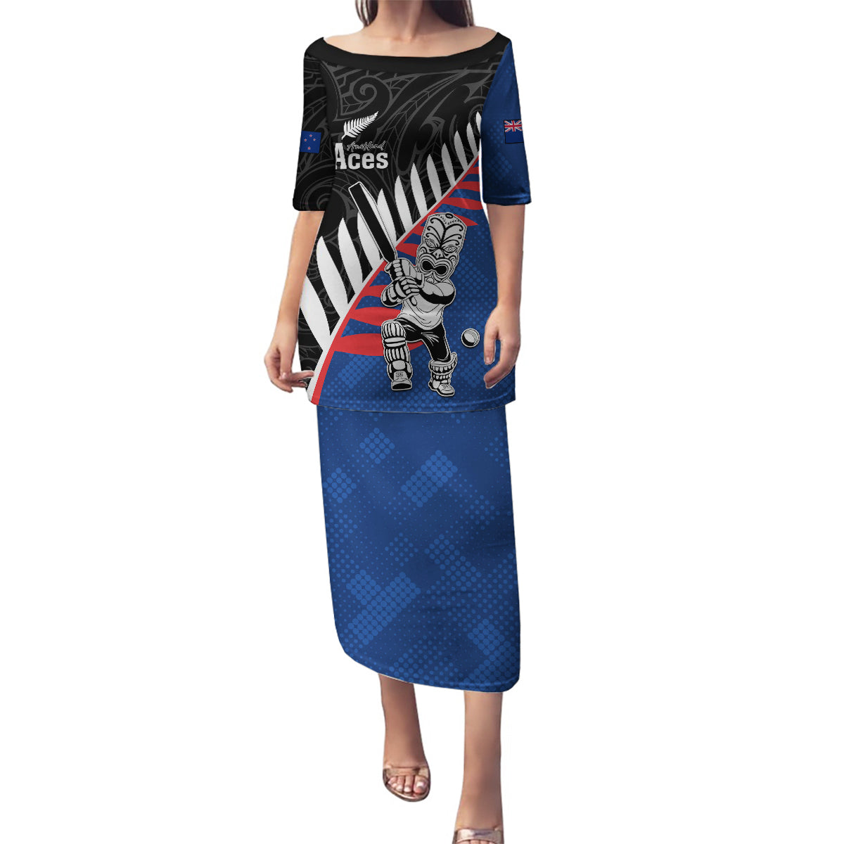 Custom New Zealand Auckland Cricket Family Matching Puletasi and Hawaiian Shirt With Maori Pattern LT05 Mom's Dress Blue - Polynesian Pride