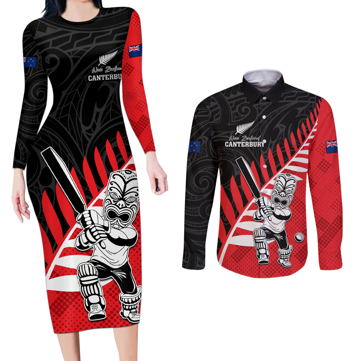 Custom New Zealand Canterbury Cricket Couples Matching Long Sleeve Bodycon Dress and Long Sleeve Button Shirt With Maori Pattern LT05 Red - Polynesian Pride