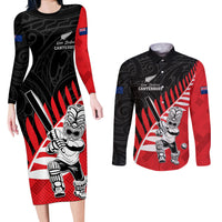 Custom New Zealand Canterbury Cricket Couples Matching Long Sleeve Bodycon Dress and Long Sleeve Button Shirt With Maori Pattern LT05 Red - Polynesian Pride