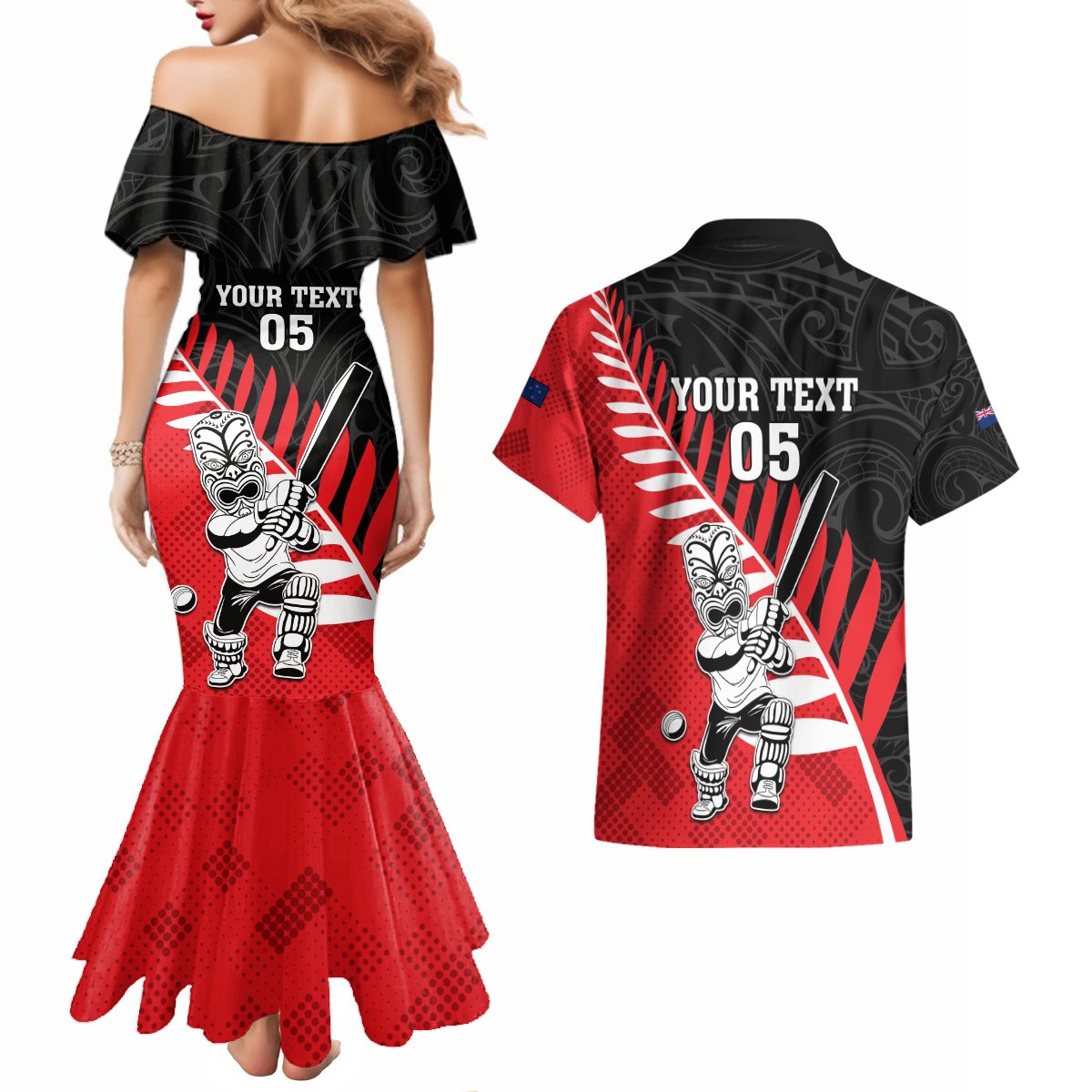 Custom New Zealand Canterbury Cricket Couples Matching Mermaid Dress and Hawaiian Shirt With Maori Pattern LT05 - Polynesian Pride