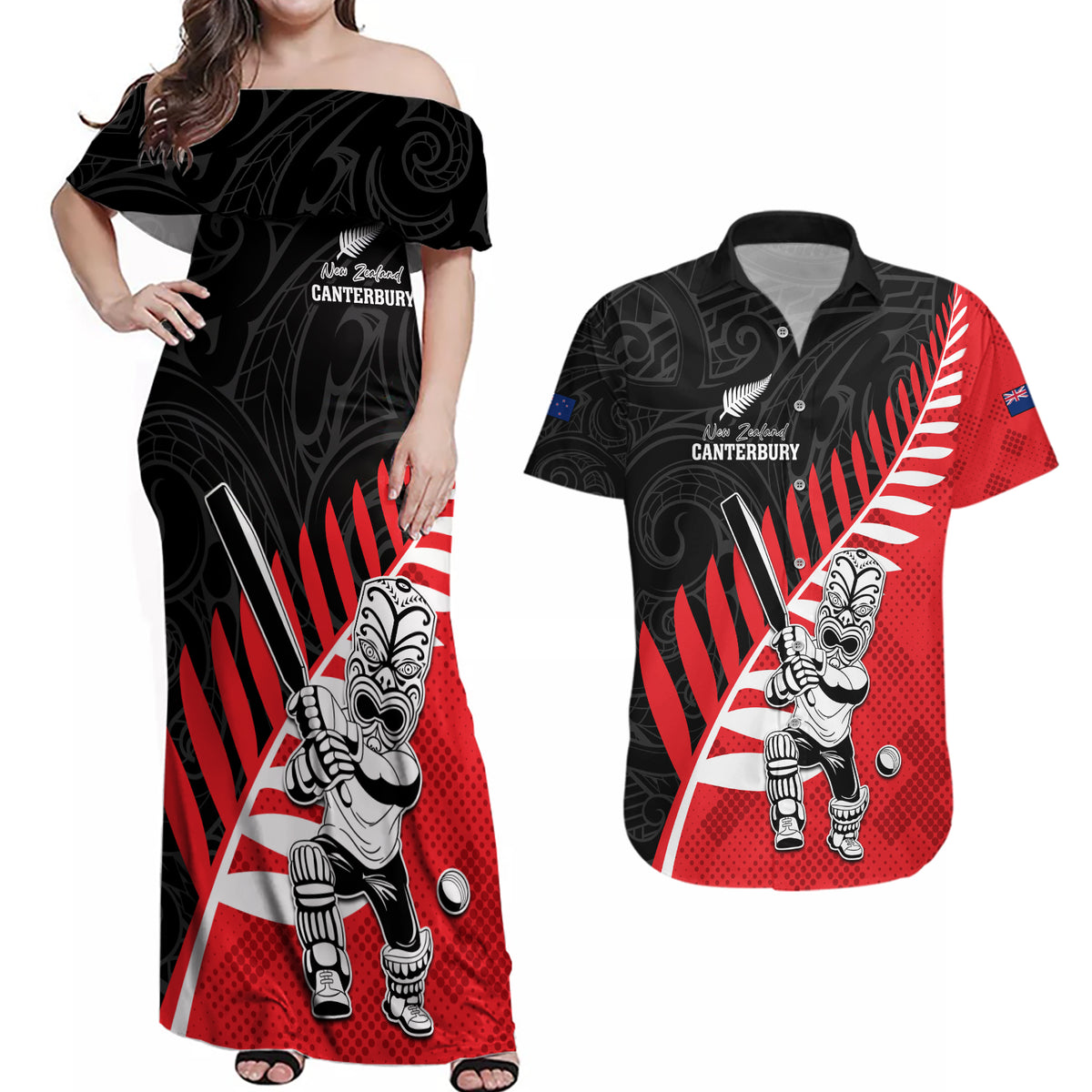 Custom New Zealand Canterbury Cricket Couples Matching Off Shoulder Maxi Dress and Hawaiian Shirt With Maori Pattern LT05 Red - Polynesian Pride