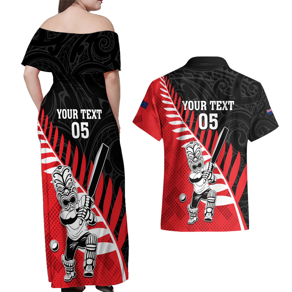 Custom New Zealand Canterbury Cricket Couples Matching Off Shoulder Maxi Dress and Hawaiian Shirt With Maori Pattern LT05 - Polynesian Pride