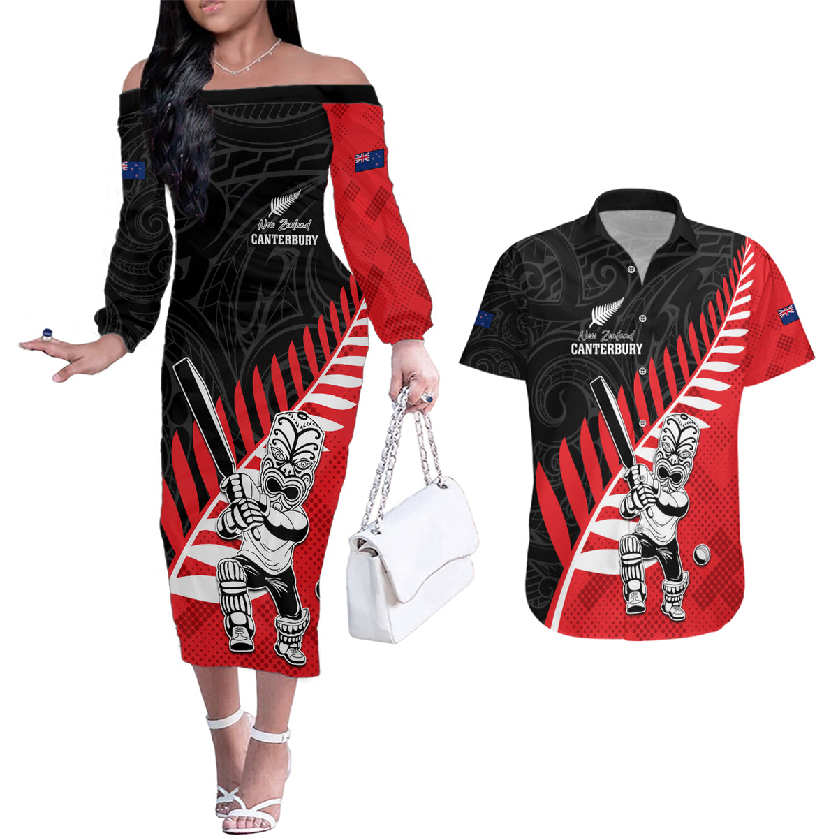 Custom New Zealand Canterbury Cricket Couples Matching Off The Shoulder Long Sleeve Dress and Hawaiian Shirt With Maori Pattern LT05 Red - Polynesian Pride