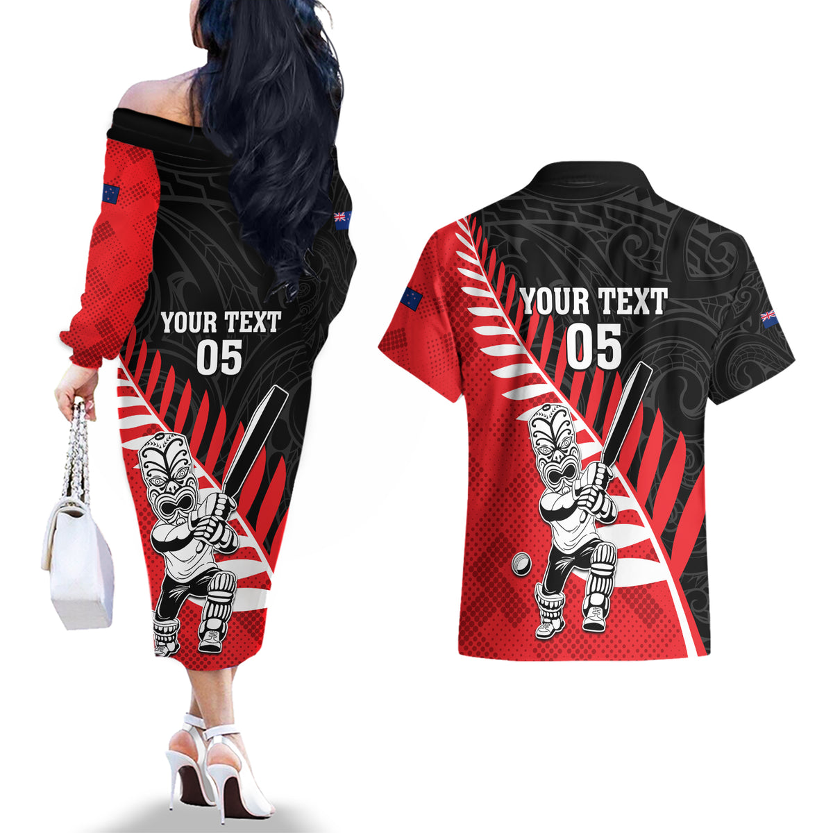 Custom New Zealand Canterbury Cricket Couples Matching Off The Shoulder Long Sleeve Dress and Hawaiian Shirt With Maori Pattern LT05 - Polynesian Pride