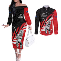 Custom New Zealand Canterbury Cricket Couples Matching Off The Shoulder Long Sleeve Dress and Long Sleeve Button Shirt With Maori Pattern LT05 Red - Polynesian Pride