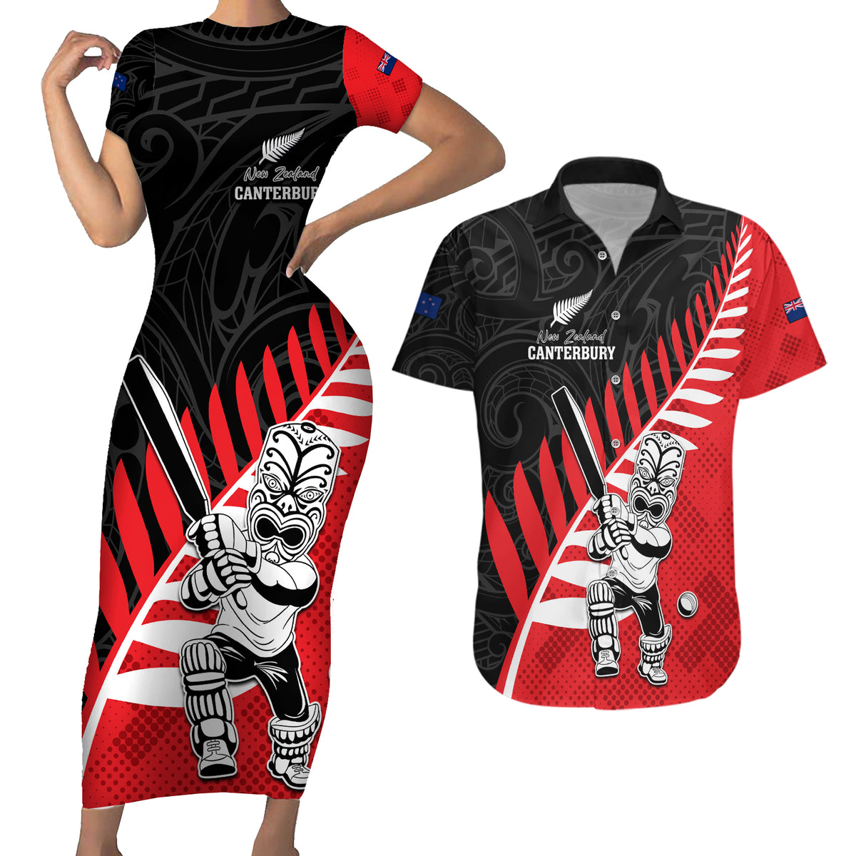 Custom New Zealand Canterbury Cricket Couples Matching Short Sleeve Bodycon Dress and Hawaiian Shirt With Maori Pattern LT05 Red - Polynesian Pride