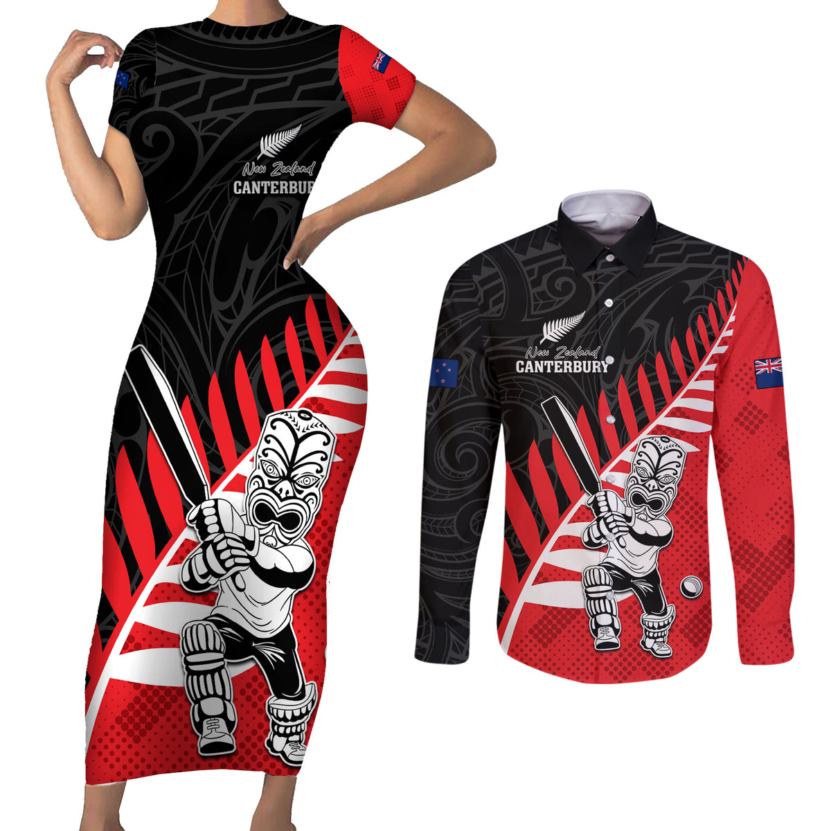 Custom New Zealand Canterbury Cricket Couples Matching Short Sleeve Bodycon Dress and Long Sleeve Button Shirt With Maori Pattern LT05 Red - Polynesian Pride