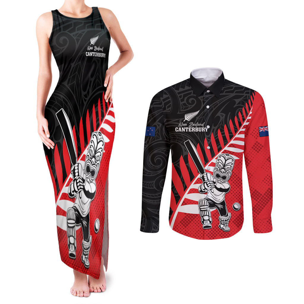 Custom New Zealand Canterbury Cricket Couples Matching Tank Maxi Dress and Long Sleeve Button Shirt With Maori Pattern LT05 Red - Polynesian Pride