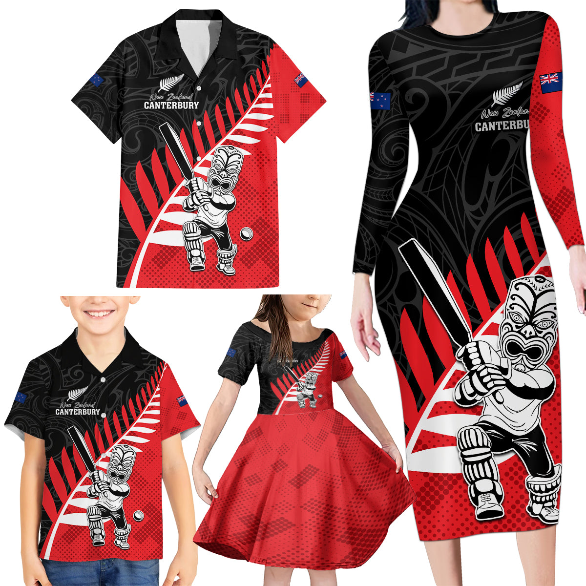 Custom New Zealand Canterbury Cricket Family Matching Long Sleeve Bodycon Dress and Hawaiian Shirt With Maori Pattern LT05 - Polynesian Pride
