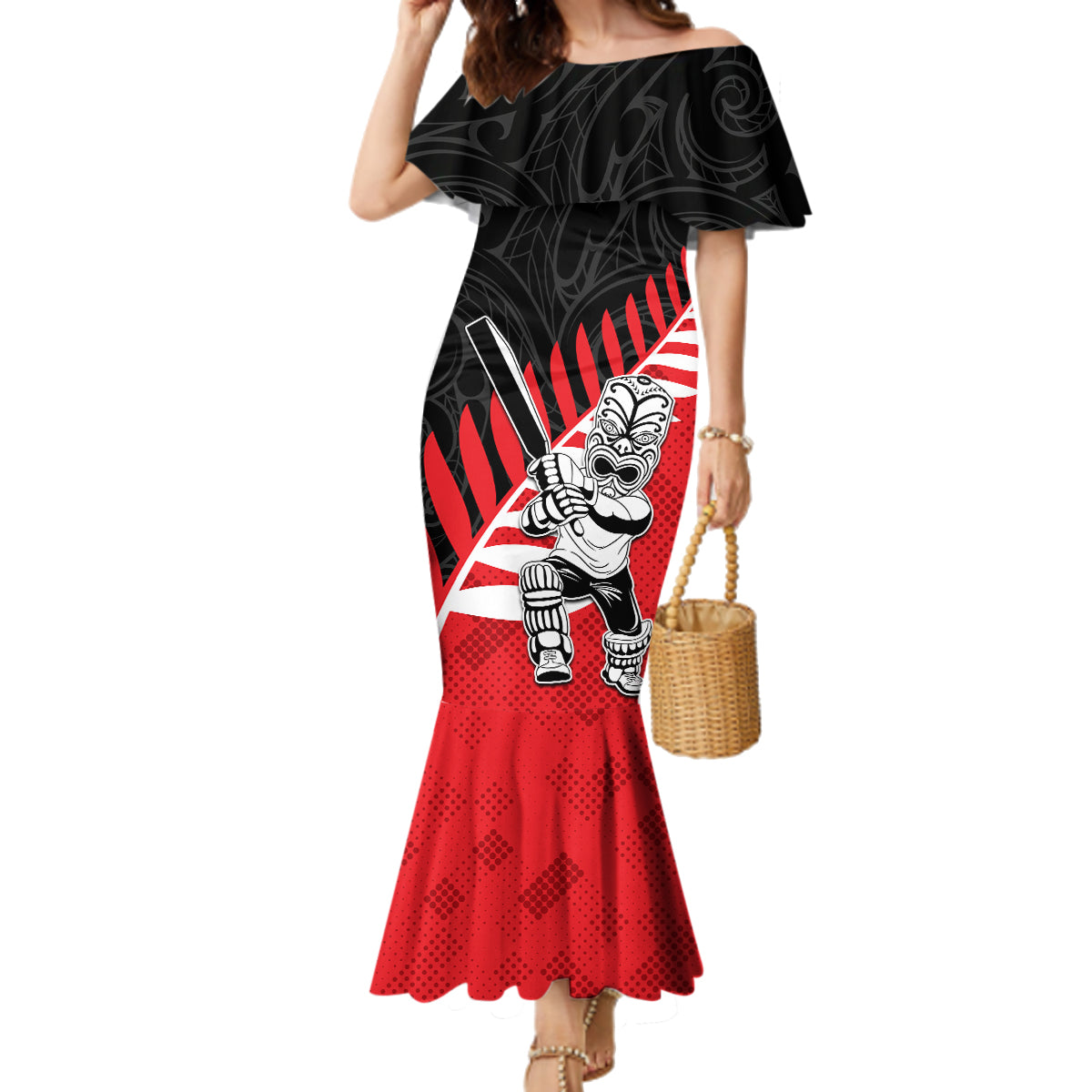 Custom New Zealand Canterbury Cricket Family Matching Mermaid Dress and Hawaiian Shirt With Maori Pattern LT05 Mom's Dress Red - Polynesian Pride