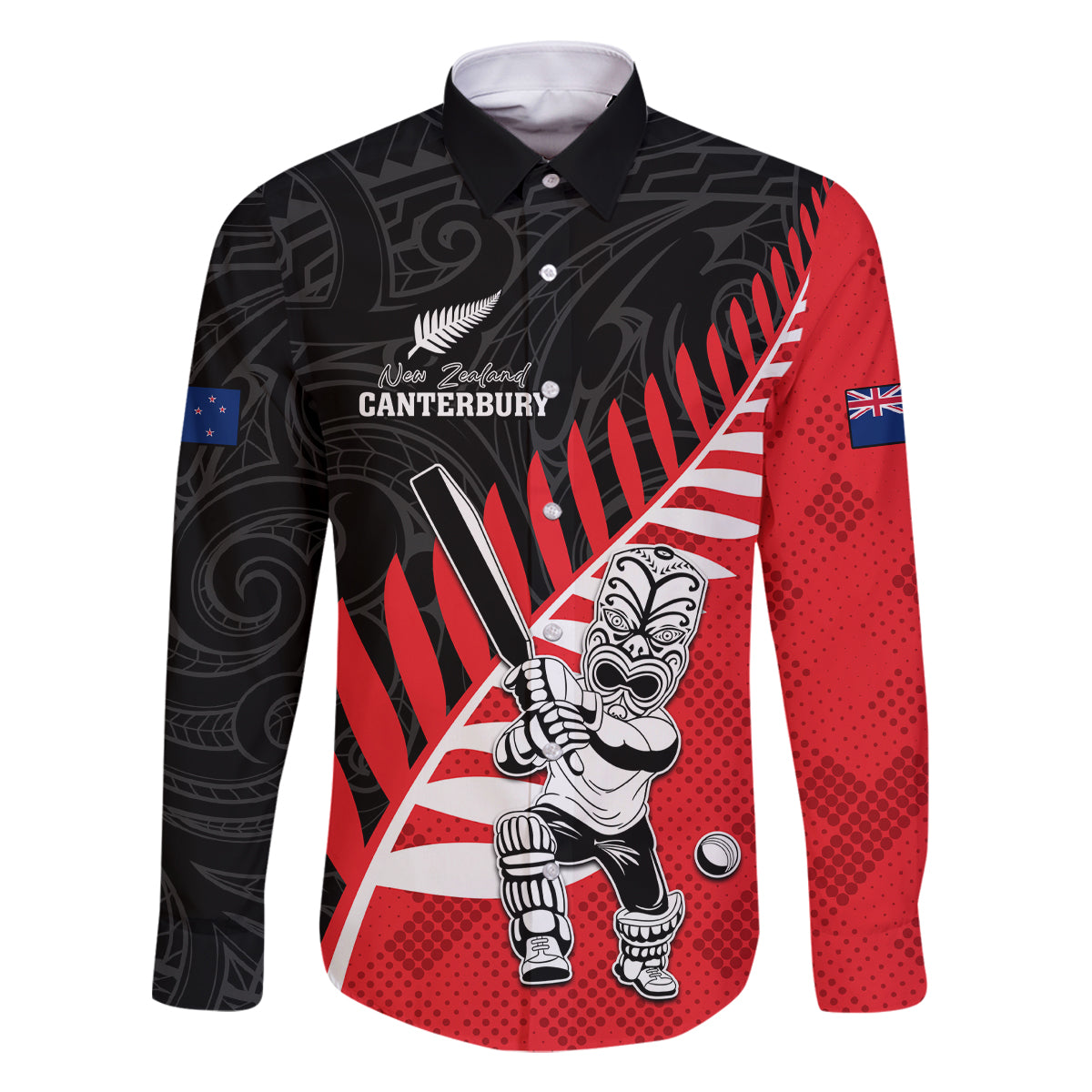 Custom New Zealand Canterbury Cricket Family Matching Off The Shoulder Long Sleeve Dress and Hawaiian Shirt With Maori Pattern LT05 Dad's Shirt - Long Sleeve Red - Polynesian Pride