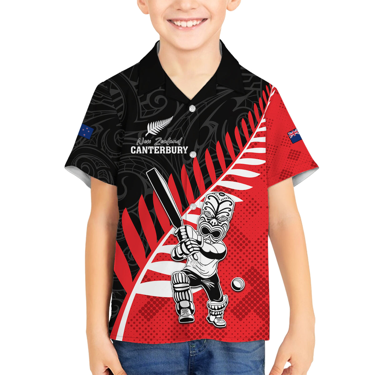 Custom New Zealand Canterbury Cricket Family Matching Off Shoulder Maxi Dress and Hawaiian Shirt With Maori Pattern LT05 Son's Shirt Red - Polynesian Pride
