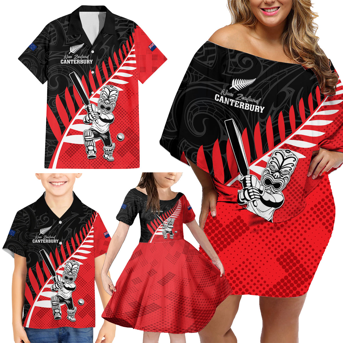 Custom New Zealand Canterbury Cricket Family Matching Off Shoulder Short Dress and Hawaiian Shirt With Maori Pattern LT05 - Polynesian Pride