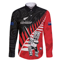Custom New Zealand Canterbury Cricket Family Matching Off Shoulder Short Dress and Hawaiian Shirt With Maori Pattern LT05 Dad's Shirt - Long Sleeve Red - Polynesian Pride