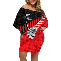 Custom New Zealand Canterbury Cricket Family Matching Off Shoulder Short Dress and Hawaiian Shirt With Maori Pattern LT05 Mom's Dress Red - Polynesian Pride