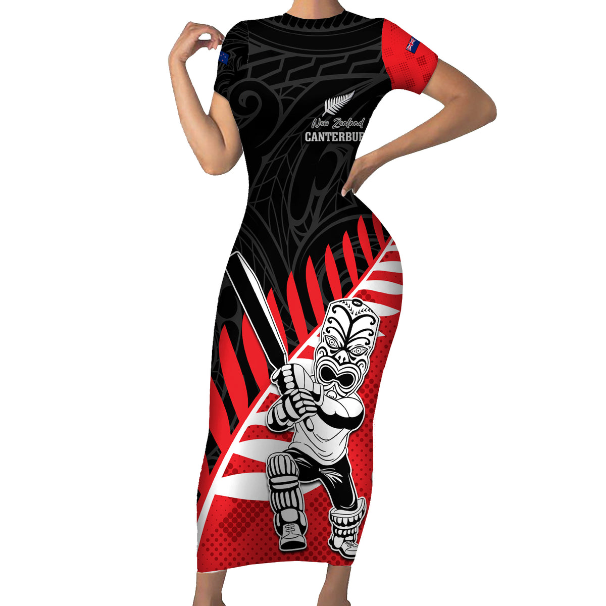 Custom New Zealand Canterbury Cricket Family Matching Short Sleeve Bodycon Dress and Hawaiian Shirt With Maori Pattern LT05 Mom's Dress Red - Polynesian Pride