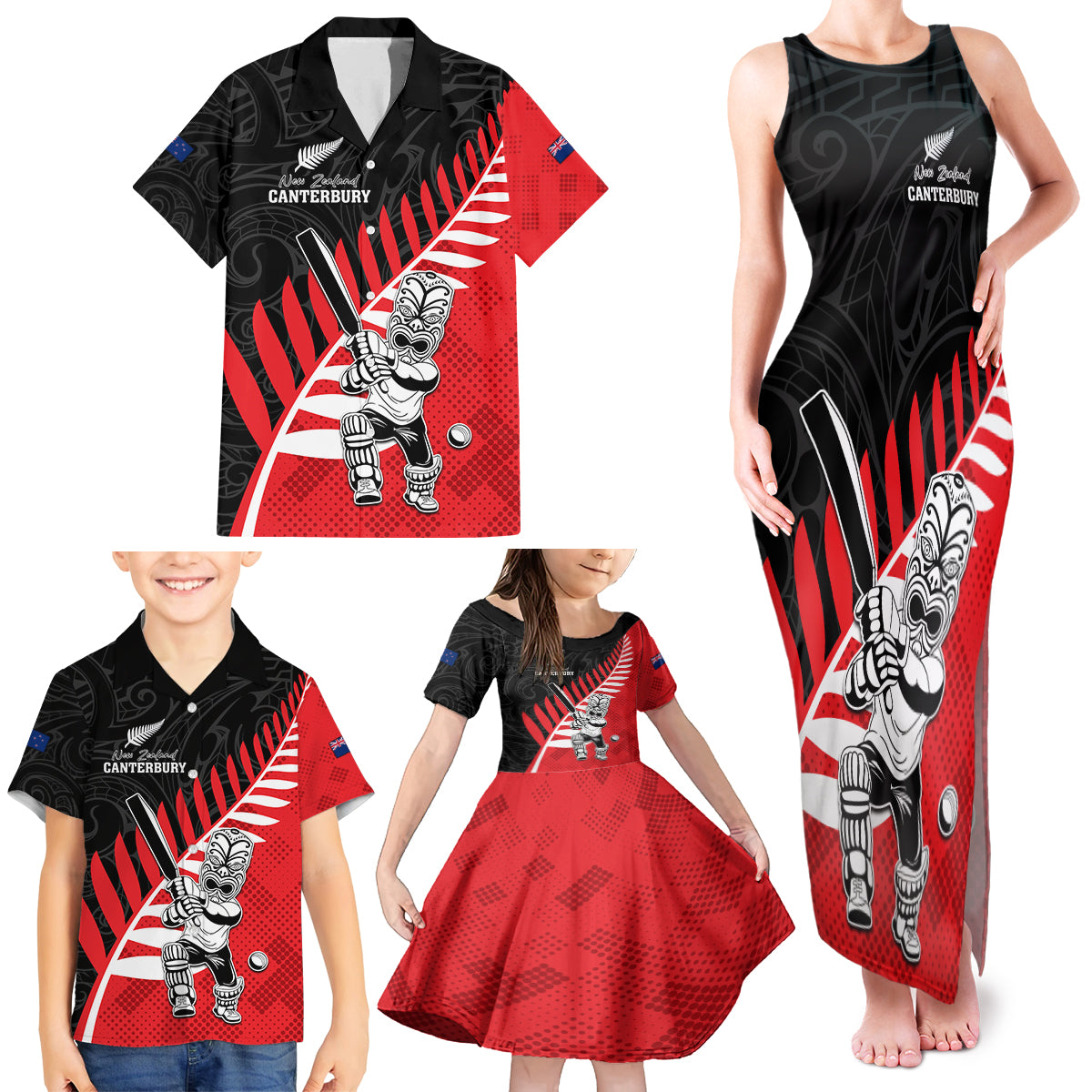 Custom New Zealand Canterbury Cricket Family Matching Tank Maxi Dress and Hawaiian Shirt With Maori Pattern LT05 - Polynesian Pride