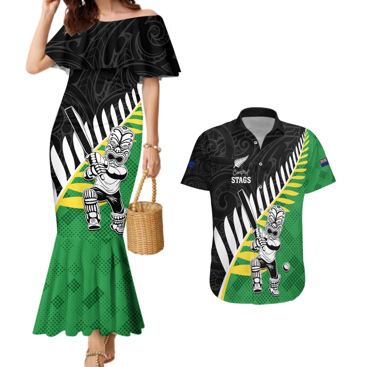 Custom New Zealand Central Districts Cricket Couples Matching Mermaid Dress and Hawaiian Shirt With Maori Pattern LT05 Green - Polynesian Pride