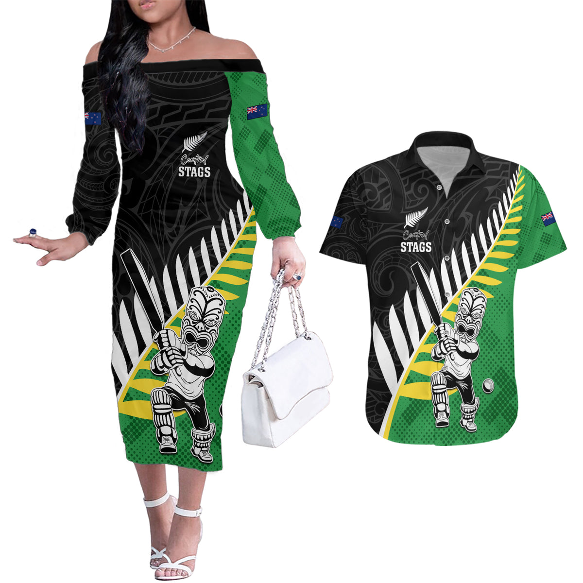 Custom New Zealand Central Districts Cricket Couples Matching Off The Shoulder Long Sleeve Dress and Hawaiian Shirt With Maori Pattern LT05 Green - Polynesian Pride