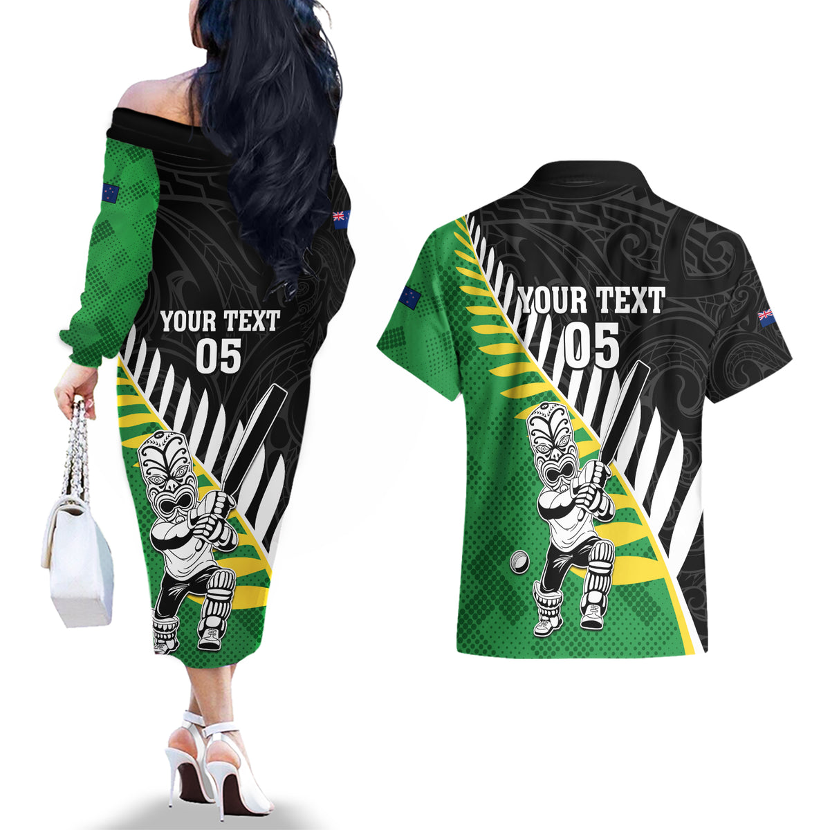 Custom New Zealand Central Districts Cricket Couples Matching Off The Shoulder Long Sleeve Dress and Hawaiian Shirt With Maori Pattern LT05 - Polynesian Pride