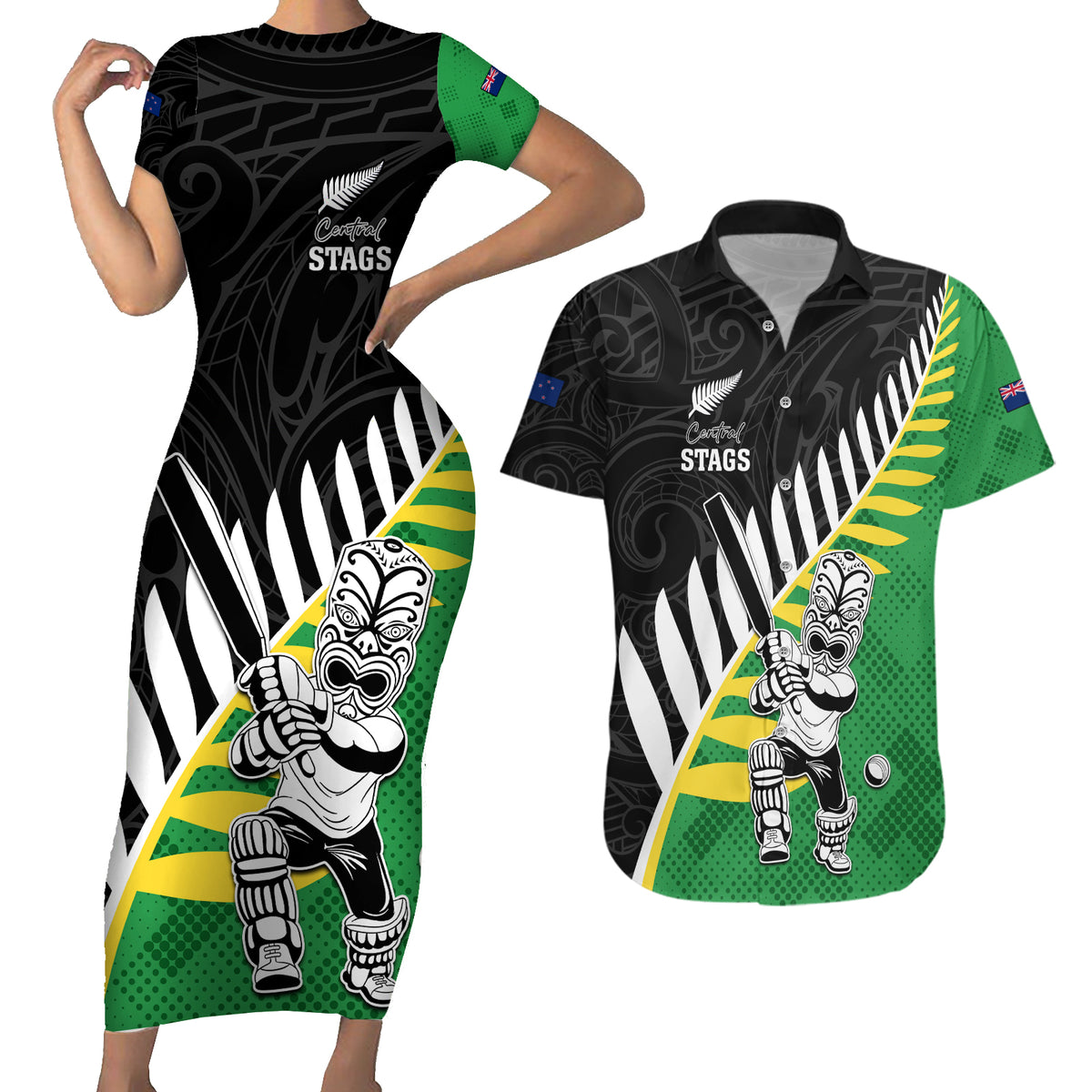 Custom New Zealand Central Districts Cricket Couples Matching Short Sleeve Bodycon Dress and Hawaiian Shirt With Maori Pattern LT05 Green - Polynesian Pride