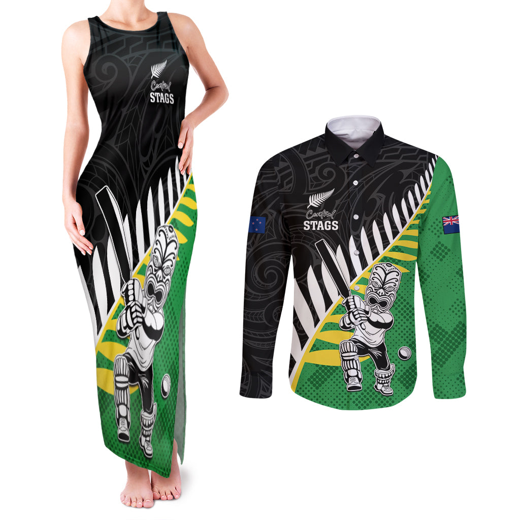 Custom New Zealand Central Districts Cricket Couples Matching Tank Maxi Dress and Long Sleeve Button Shirt With Maori Pattern LT05 Green - Polynesian Pride
