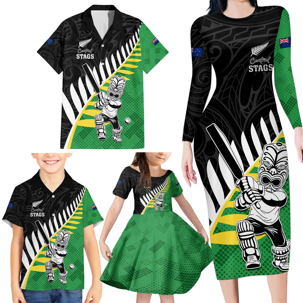Custom New Zealand Central Districts Cricket Family Matching Long Sleeve Bodycon Dress and Hawaiian Shirt With Maori Pattern LT05 - Polynesian Pride