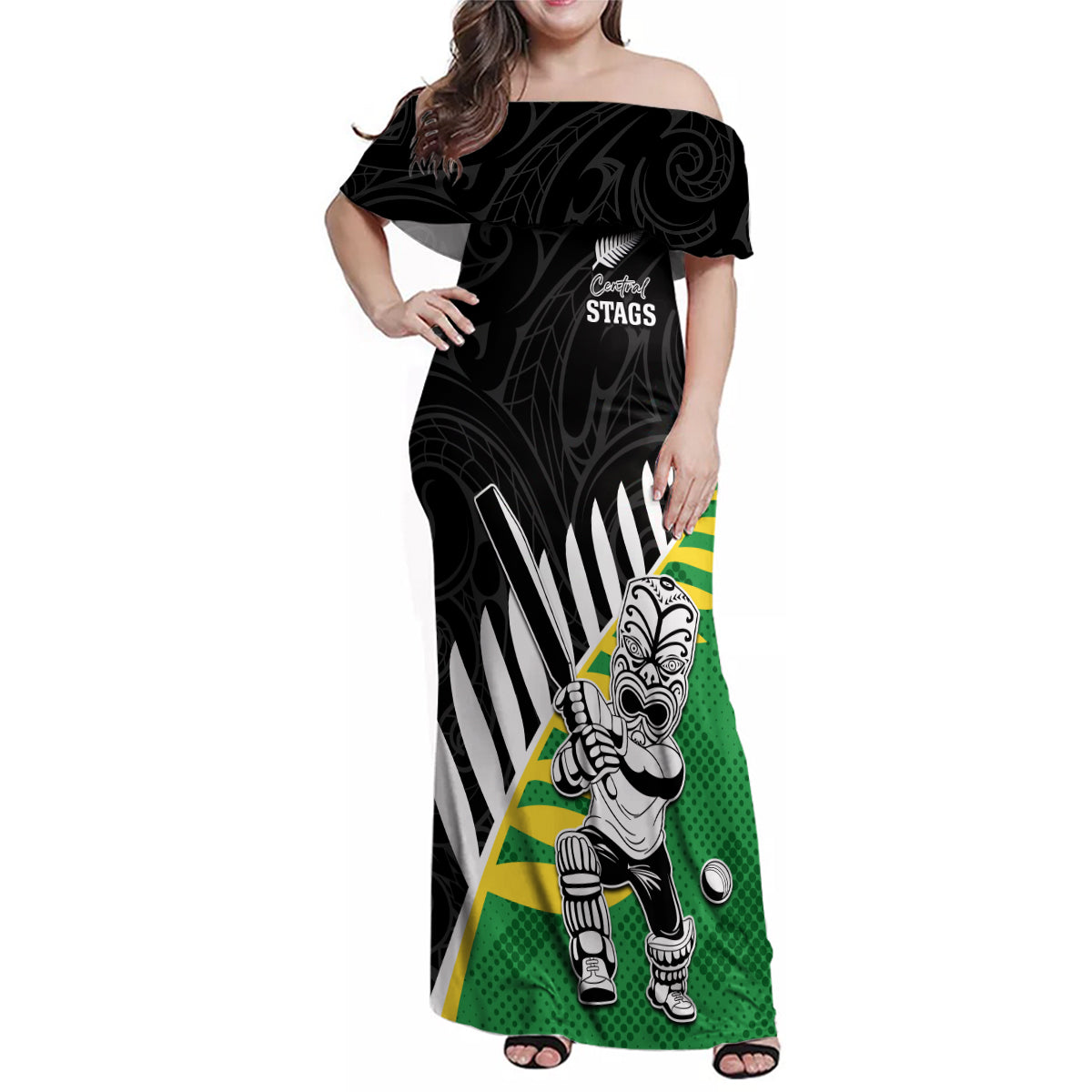 Custom New Zealand Central Districts Cricket Family Matching Off Shoulder Maxi Dress and Hawaiian Shirt With Maori Pattern LT05 Mom's Dress Green - Polynesian Pride