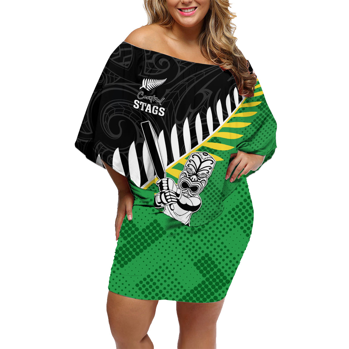 Custom New Zealand Central Districts Cricket Family Matching Off Shoulder Short Dress and Hawaiian Shirt With Maori Pattern LT05 Mom's Dress Green - Polynesian Pride