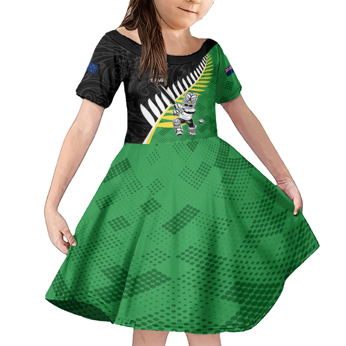 Custom New Zealand Central Districts Cricket Family Matching Tank Maxi Dress and Hawaiian Shirt With Maori Pattern LT05 Daughter's Dress Green - Polynesian Pride