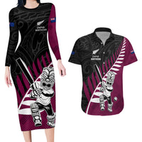 Custom New Zealand Northern Districts Cricket Couples Matching Long Sleeve Bodycon Dress and Hawaiian Shirt With Maori Pattern LT05 Maroon - Polynesian Pride