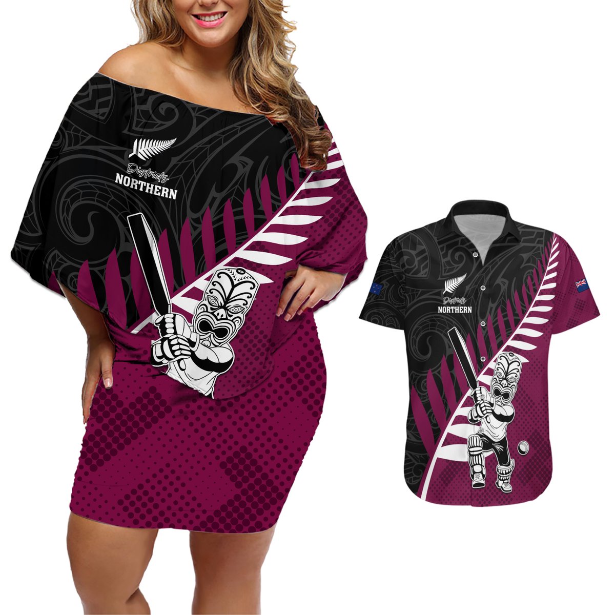 Custom New Zealand Northern Districts Cricket Couples Matching Off Shoulder Short Dress and Hawaiian Shirt With Maori Pattern LT05 Maroon - Polynesian Pride