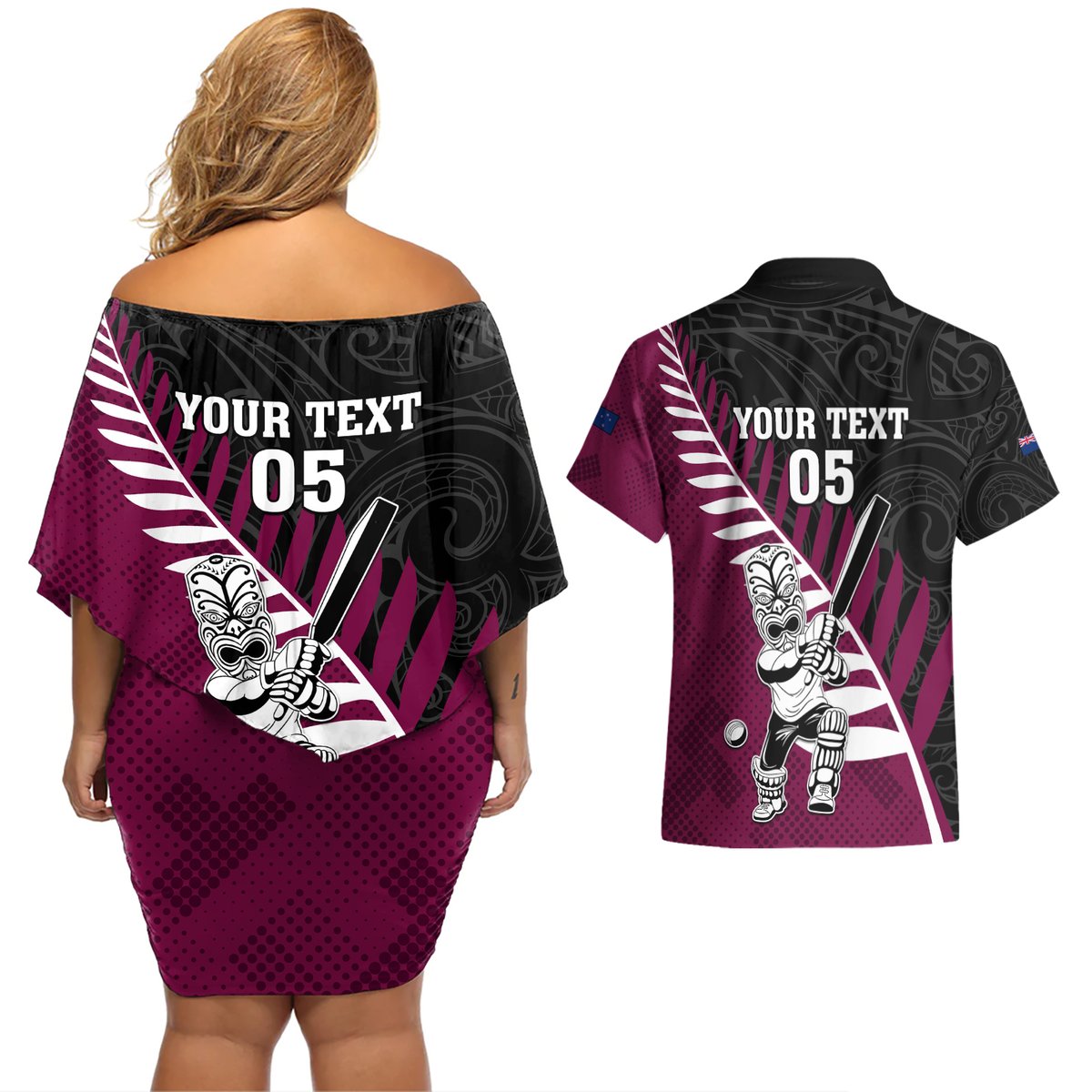 Custom New Zealand Northern Districts Cricket Couples Matching Off Shoulder Short Dress and Hawaiian Shirt With Maori Pattern LT05 - Polynesian Pride