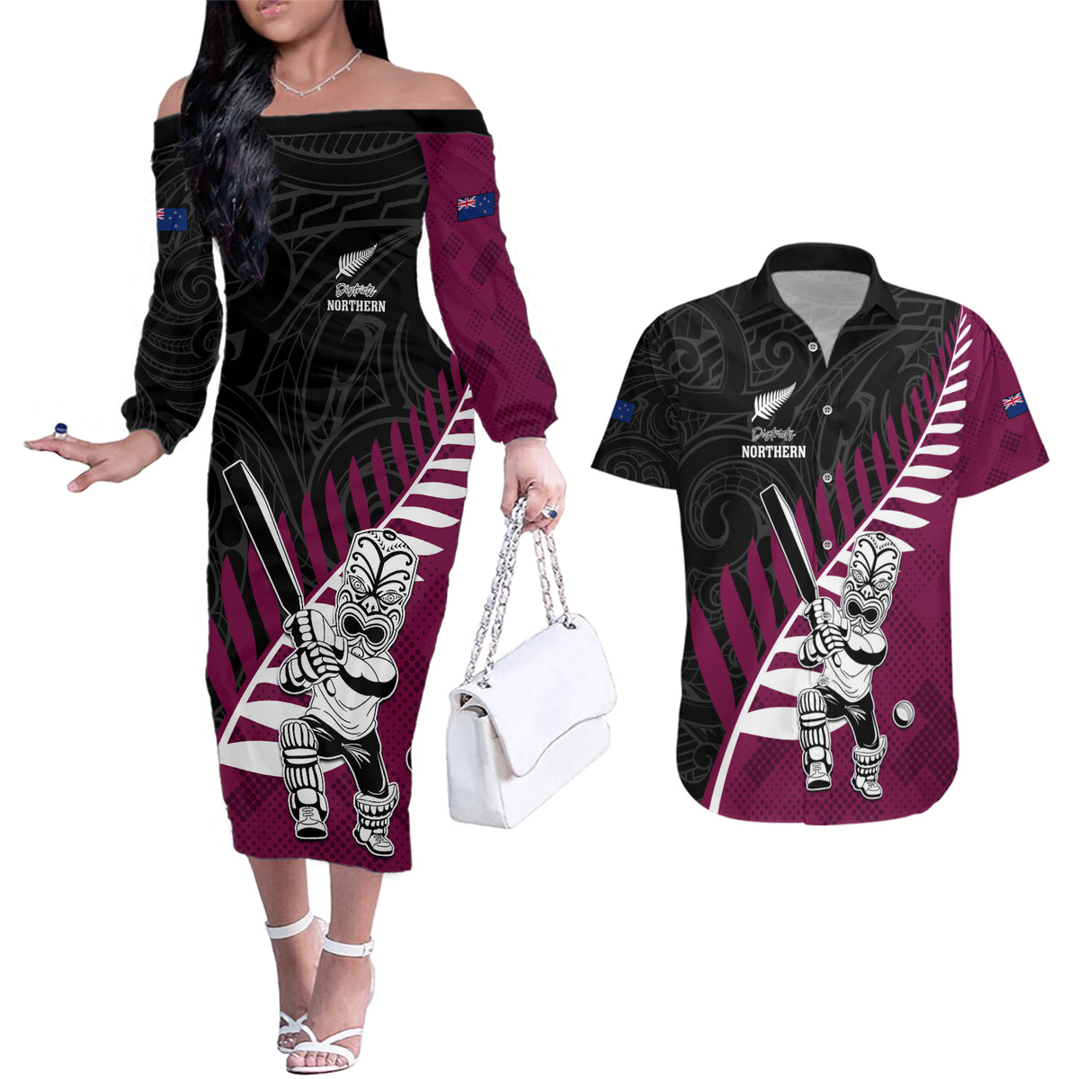 Custom New Zealand Northern Districts Cricket Couples Matching Off The Shoulder Long Sleeve Dress and Hawaiian Shirt With Maori Pattern LT05 Maroon - Polynesian Pride