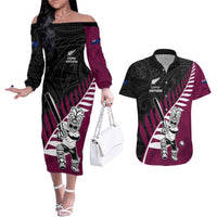 Custom New Zealand Northern Districts Cricket Couples Matching Off The Shoulder Long Sleeve Dress and Hawaiian Shirt With Maori Pattern LT05 Maroon - Polynesian Pride