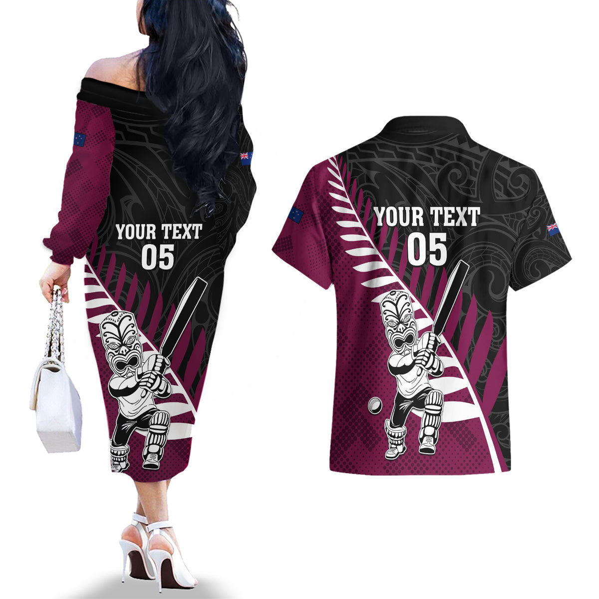 Custom New Zealand Northern Districts Cricket Couples Matching Off The Shoulder Long Sleeve Dress and Hawaiian Shirt With Maori Pattern LT05 - Polynesian Pride