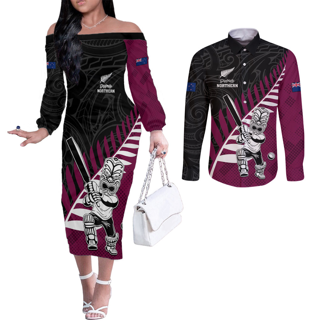 Custom New Zealand Northern Districts Cricket Couples Matching Off The Shoulder Long Sleeve Dress and Long Sleeve Button Shirt With Maori Pattern LT05 Maroon - Polynesian Pride